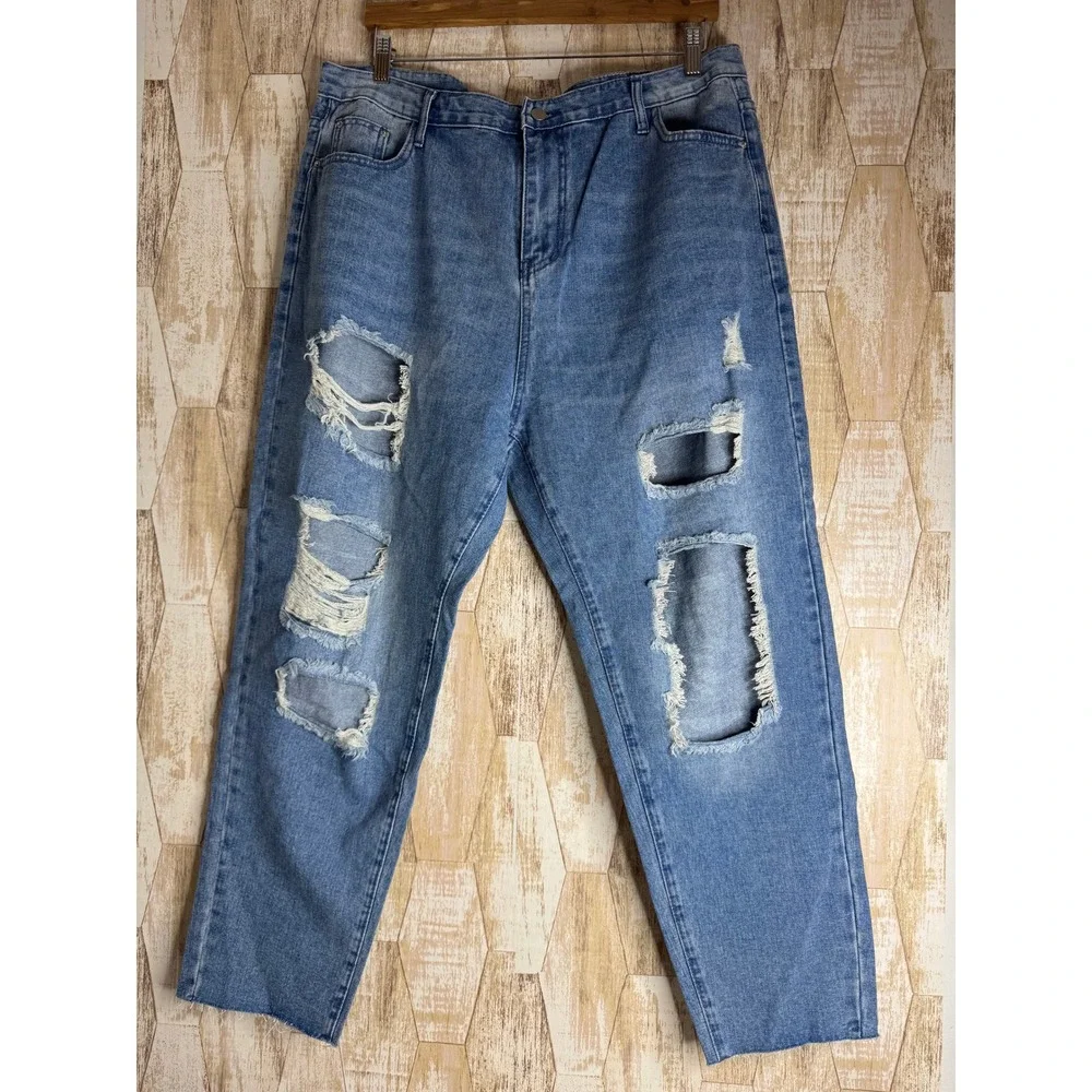 SHEIN Women 2XL Jeans Blue Distressed‎ Ripped High Rise Raw Hem Straight Leg